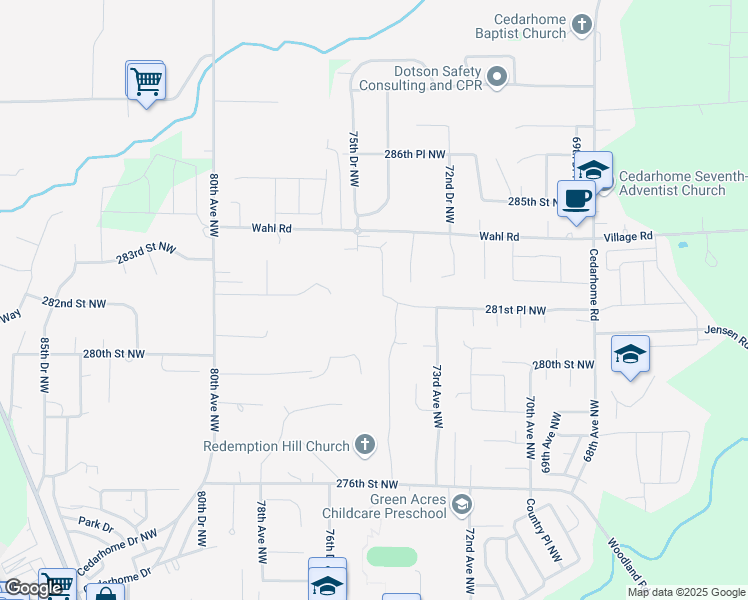 map of restaurants, bars, coffee shops, grocery stores, and more near 7510 284th Street Northwest in Stanwood