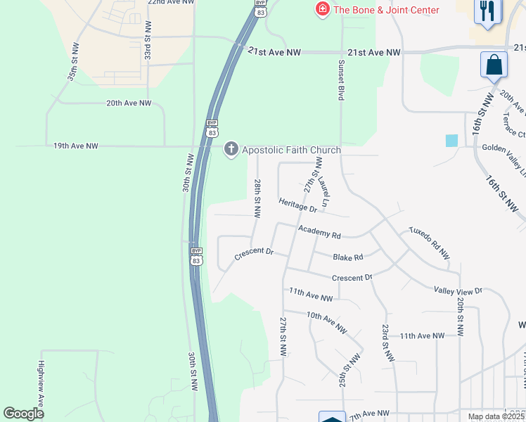 map of restaurants, bars, coffee shops, grocery stores, and more near 1412 28th Street Northwest in Minot