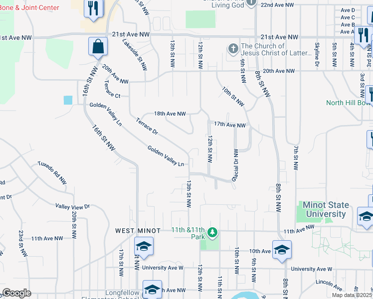 map of restaurants, bars, coffee shops, grocery stores, and more near 1604 Terrace Drive in Minot