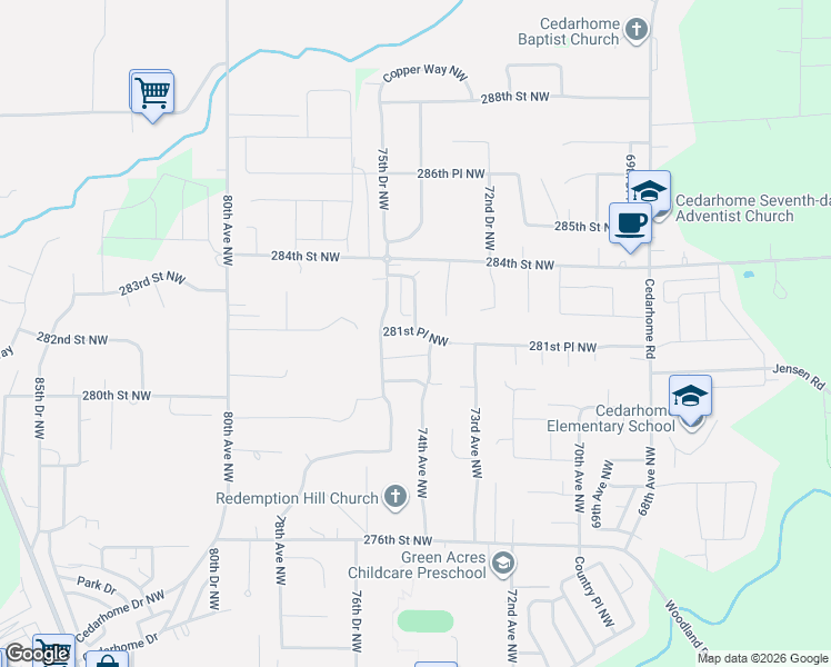 map of restaurants, bars, coffee shops, grocery stores, and more near 7402 281st Place Northwest in Stanwood