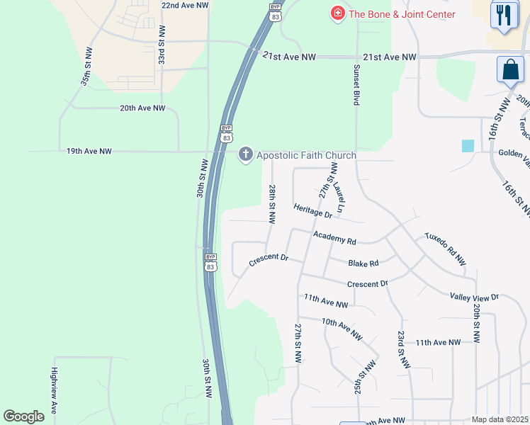 map of restaurants, bars, coffee shops, grocery stores, and more near 1412 28th Street Northwest in Minot