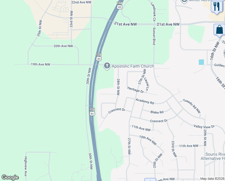 map of restaurants, bars, coffee shops, grocery stores, and more near 2808 15th Avenue Northwest in Minot