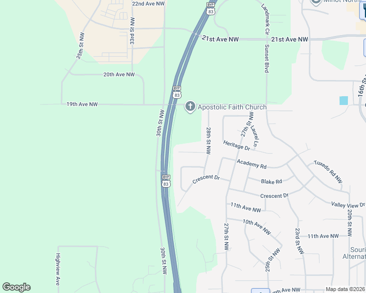 map of restaurants, bars, coffee shops, grocery stores, and more near 2808 15th Avenue Northwest in Minot