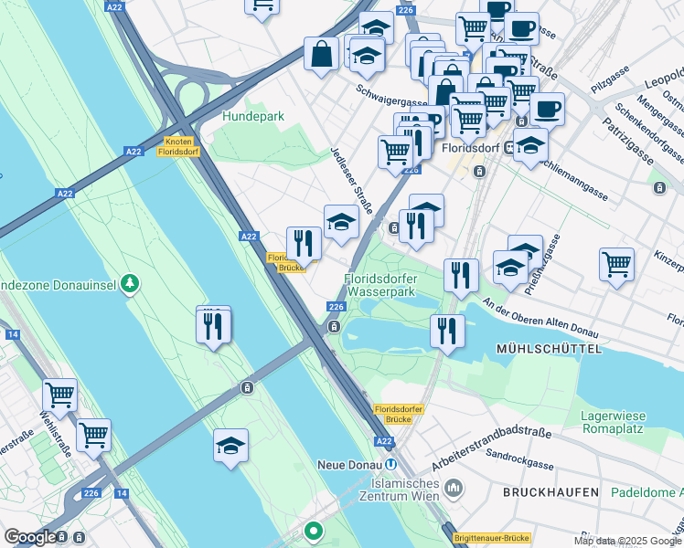 map of restaurants, bars, coffee shops, grocery stores, and more near 1 Floridsdorfer Hauptstraße in Wien