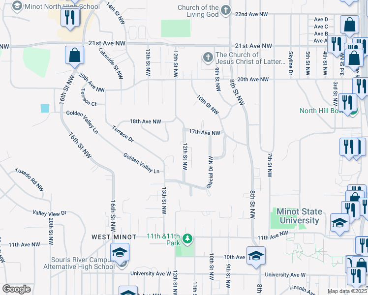 map of restaurants, bars, coffee shops, grocery stores, and more near 1525 12th Street Northwest in Minot