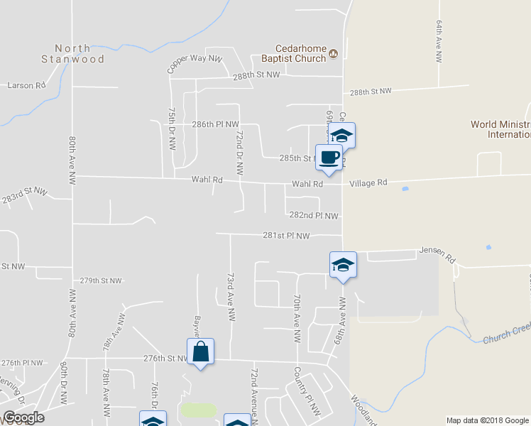 map of restaurants, bars, coffee shops, grocery stores, and more near 27801 71st Drive Northwest in Stanwood