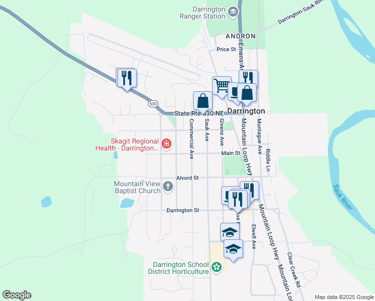 map of restaurants, bars, coffee shops, grocery stores, and more near 915 Commercial Avenue in Darrington