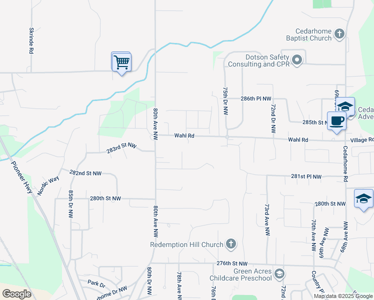 map of restaurants, bars, coffee shops, grocery stores, and more near 28201 80th Avenue Northwest in Stanwood