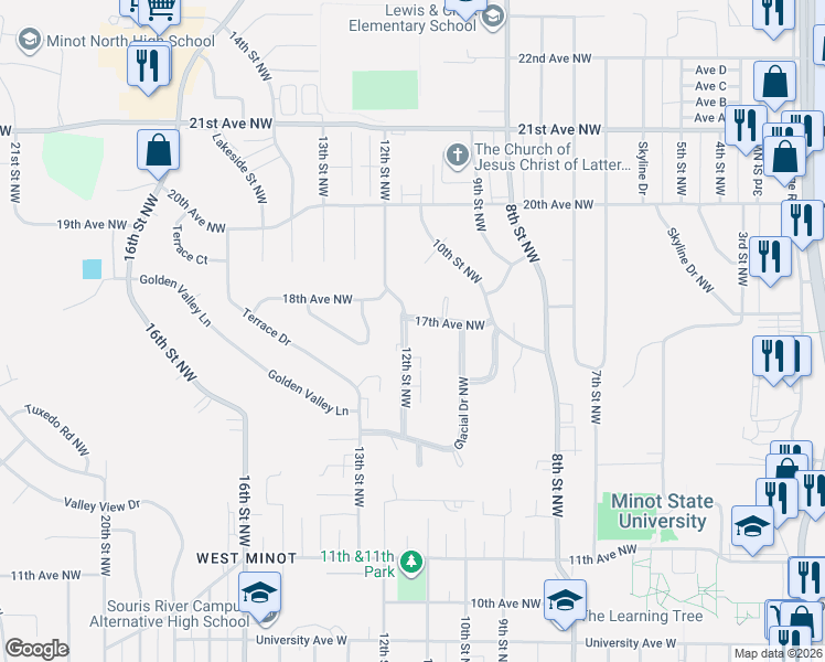 map of restaurants, bars, coffee shops, grocery stores, and more near 1701 12th Street Northwest in Minot