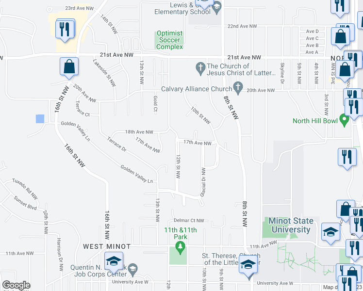 map of restaurants, bars, coffee shops, grocery stores, and more near 1666 12th Street Northwest in Minot