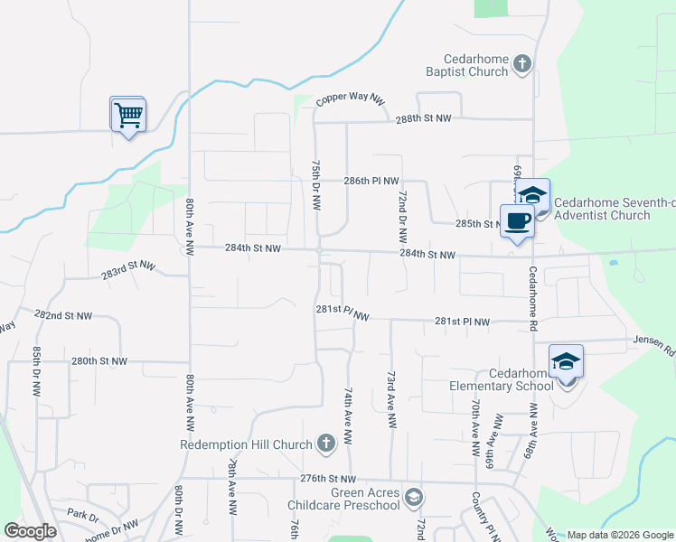 map of restaurants, bars, coffee shops, grocery stores, and more near 28304C 74th Drive Northwest in Stanwood