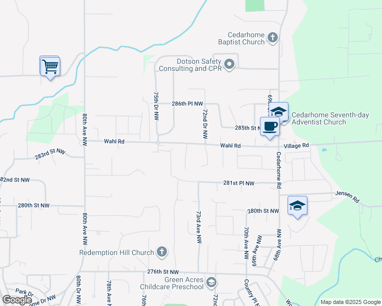 map of restaurants, bars, coffee shops, grocery stores, and more near 7316 284th Street Northwest in Stanwood