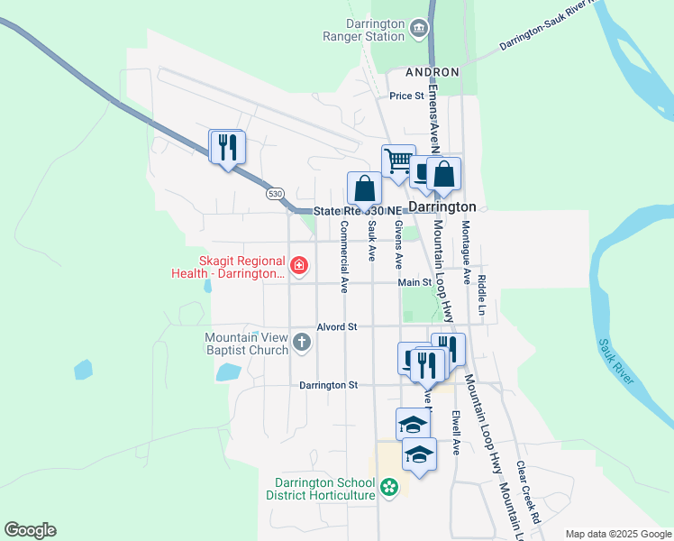 map of restaurants, bars, coffee shops, grocery stores, and more near 915 Commercial Avenue in Darrington