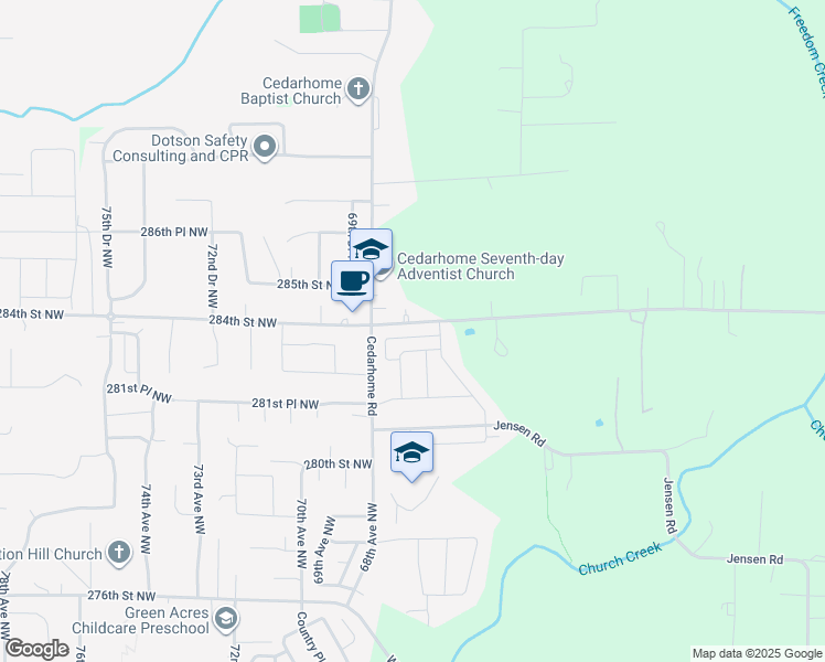 map of restaurants, bars, coffee shops, grocery stores, and more near 6632 284th Street Northwest in Stanwood