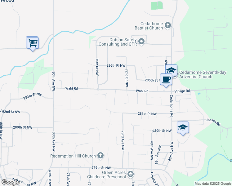 map of restaurants, bars, coffee shops, grocery stores, and more near 7316 284th Street Northwest in Stanwood