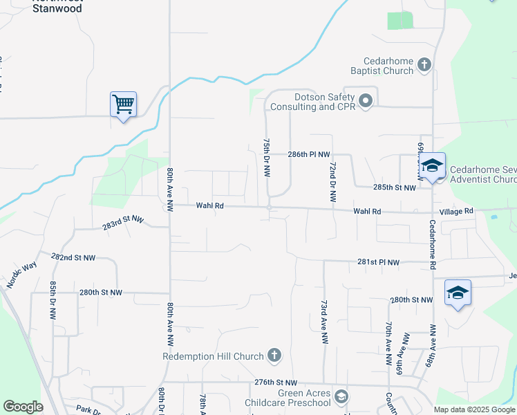 map of restaurants, bars, coffee shops, grocery stores, and more near 7510 284th Street Northwest in Stanwood