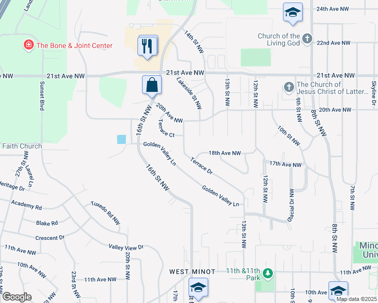 map of restaurants, bars, coffee shops, grocery stores, and more near 1799 Terrace Drive in Minot