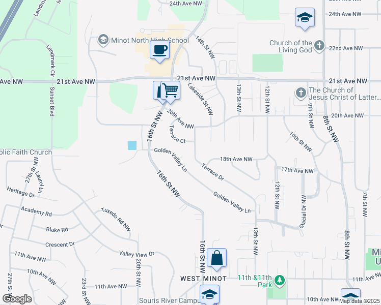 map of restaurants, bars, coffee shops, grocery stores, and more near 1600-1898 Terrace Court in Minot