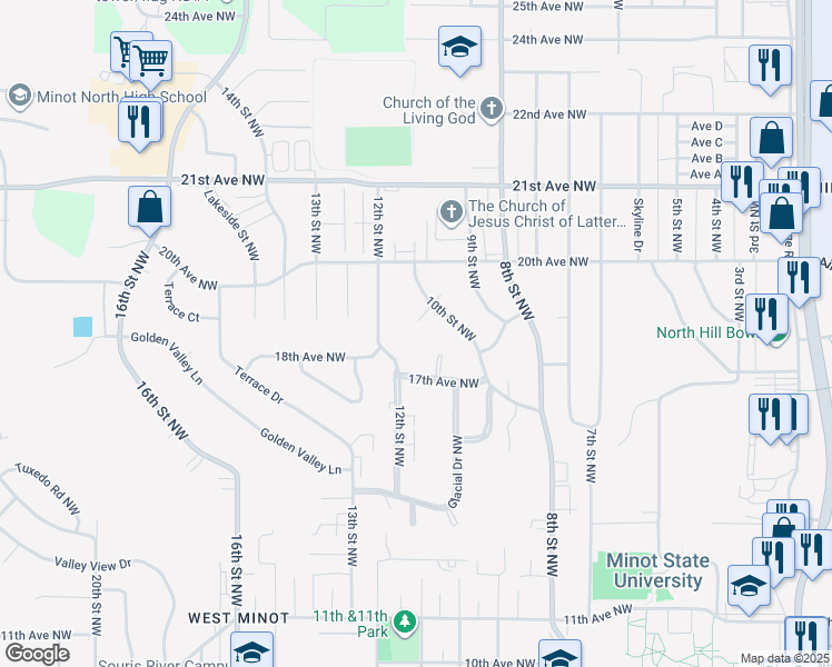 map of restaurants, bars, coffee shops, grocery stores, and more near 1800-1998 12th St NW in Minot