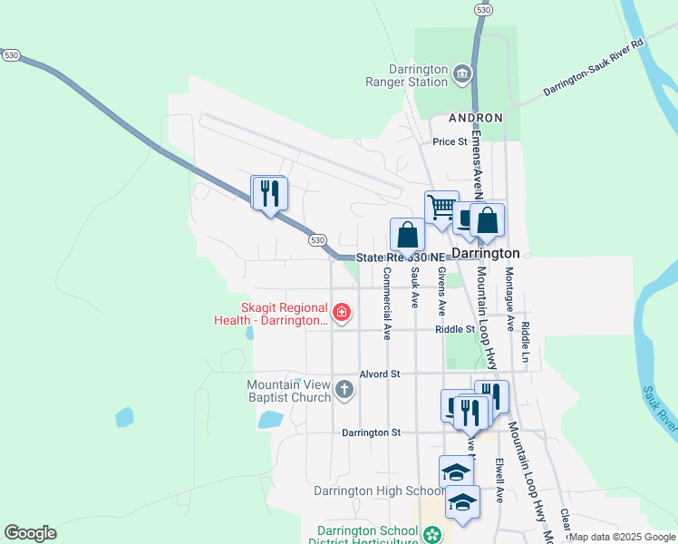 map of restaurants, bars, coffee shops, grocery stores, and more near in Darrington