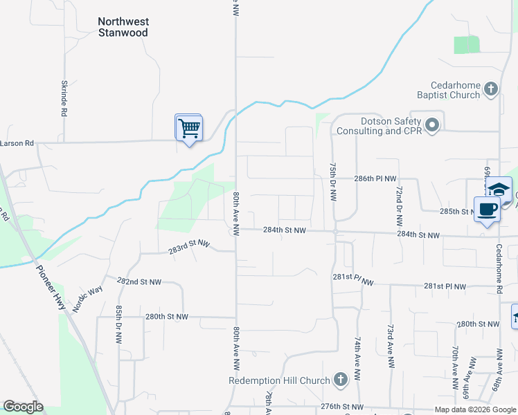 map of restaurants, bars, coffee shops, grocery stores, and more near 7831 284th Street Northwest in Stanwood