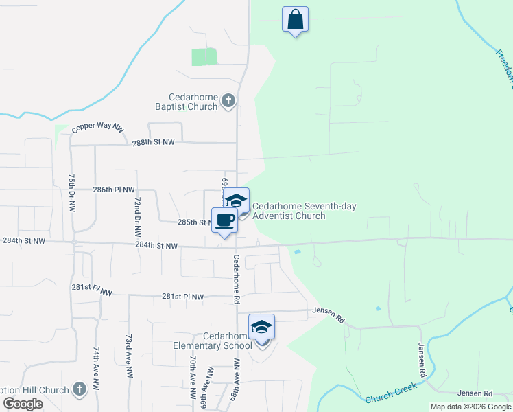 map of restaurants, bars, coffee shops, grocery stores, and more near 6700 286th Street Northwest in Stanwood
