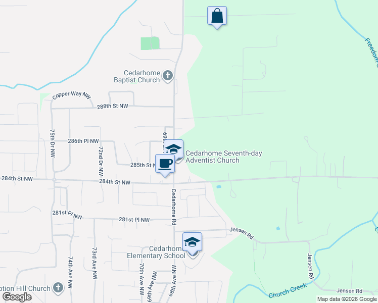 map of restaurants, bars, coffee shops, grocery stores, and more near 6716 286th Street Northwest in Stanwood