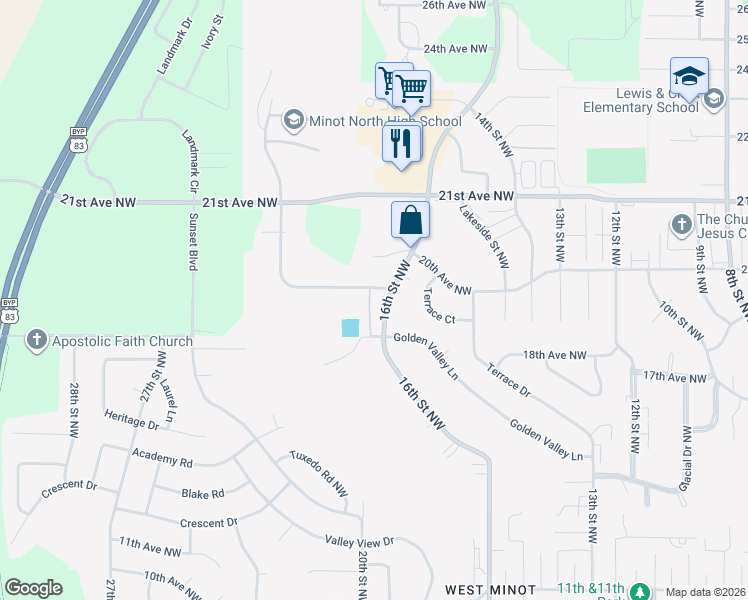 map of restaurants, bars, coffee shops, grocery stores, and more near 1820 16th Street Northwest in Minot