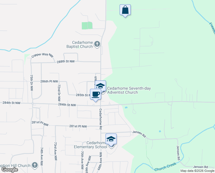 map of restaurants, bars, coffee shops, grocery stores, and more near 6704 286th Street Northwest in Stanwood