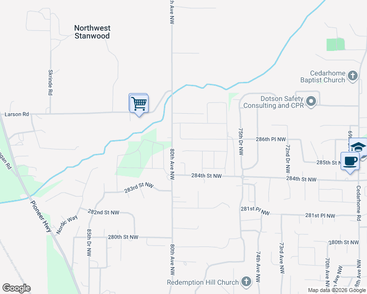 map of restaurants, bars, coffee shops, grocery stores, and more near 7831 284th Street Northwest in Stanwood