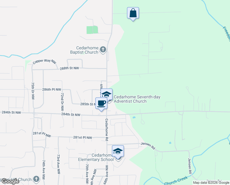 map of restaurants, bars, coffee shops, grocery stores, and more near 6724 288th Street Northwest in Stanwood