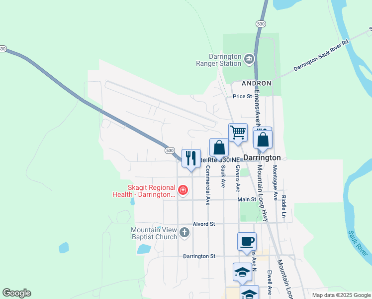 map of restaurants, bars, coffee shops, grocery stores, and more near 1170 Seeman Street in Darrington
