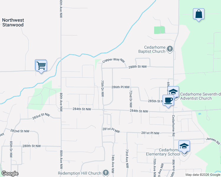 map of restaurants, bars, coffee shops, grocery stores, and more near 28540 74th Drive Northwest in Stanwood