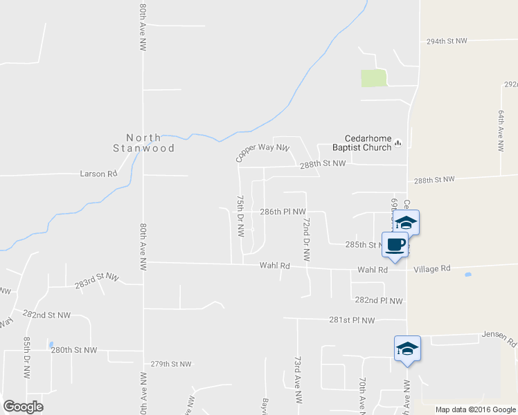 map of restaurants, bars, coffee shops, grocery stores, and more near 28602 74th Drive Northwest in Stanwood