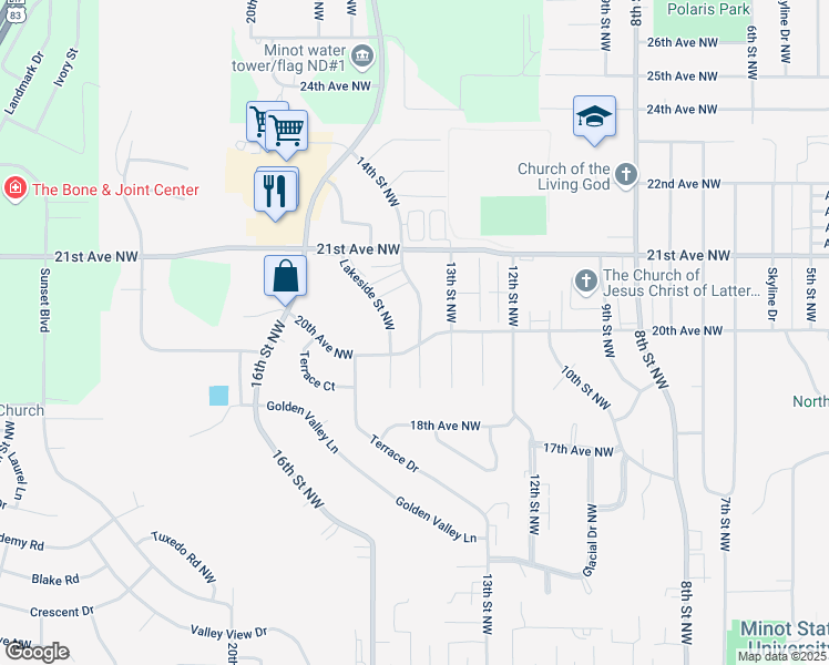 map of restaurants, bars, coffee shops, grocery stores, and more near 2005 14th Street Northwest in Minot