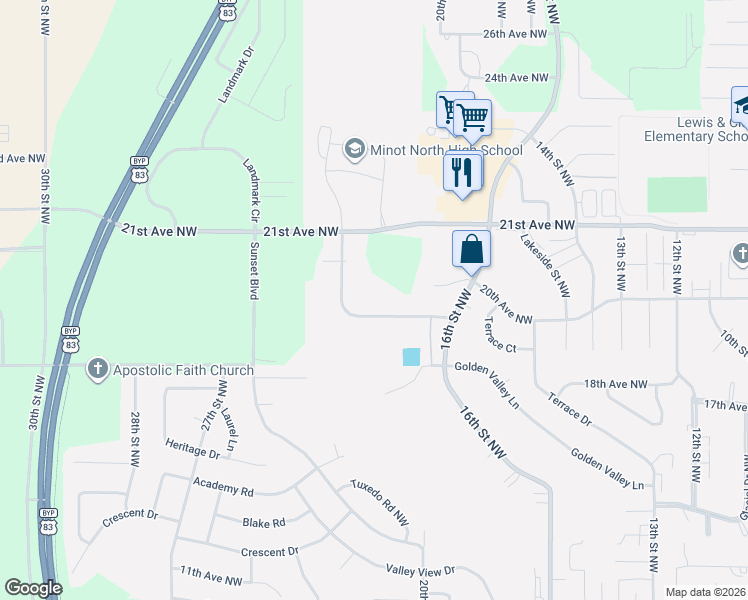 map of restaurants, bars, coffee shops, grocery stores, and more near 1912 19th Avenue Northwest in Minot
