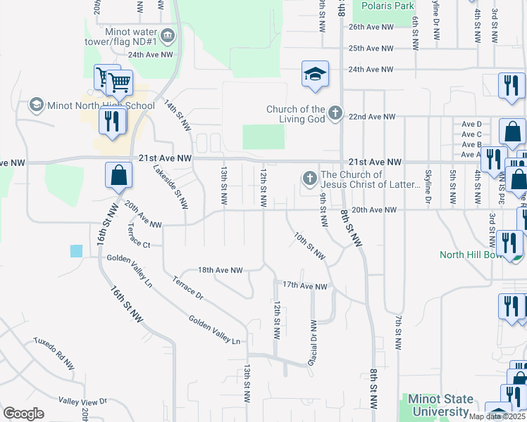 map of restaurants, bars, coffee shops, grocery stores, and more near 1998 12th St NW in Minot