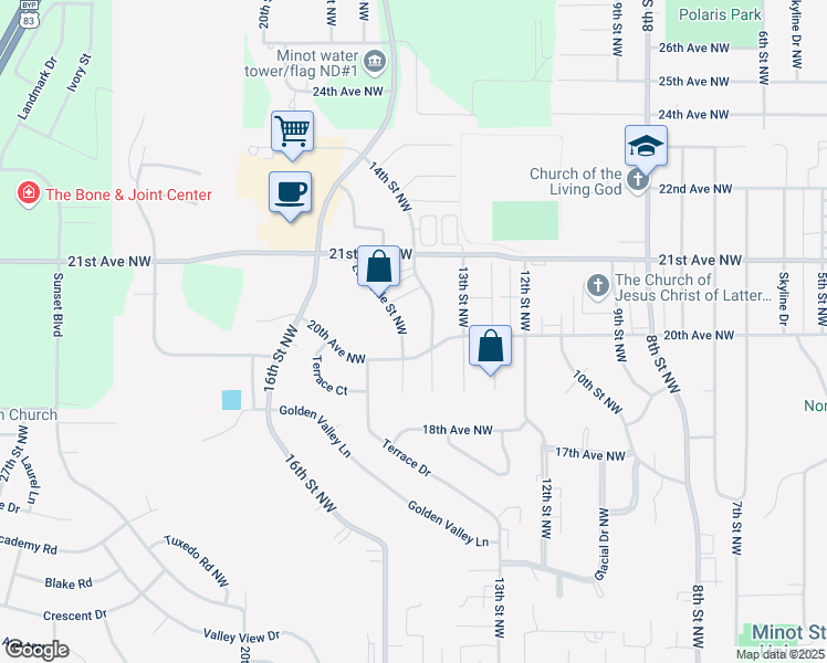 map of restaurants, bars, coffee shops, grocery stores, and more near 2005 14th Street Northwest in Minot