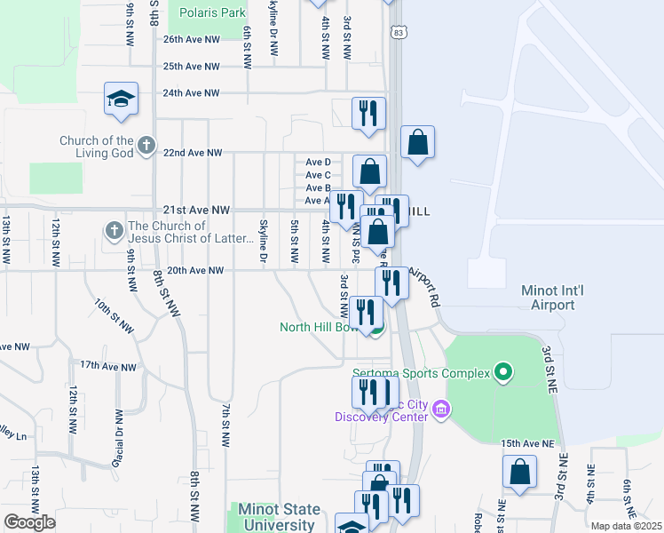 map of restaurants, bars, coffee shops, grocery stores, and more near 410 20th Avenue Northwest in Minot