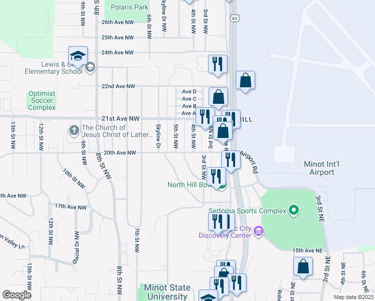 map of restaurants, bars, coffee shops, grocery stores, and more near 410 20th Avenue Northwest in Minot