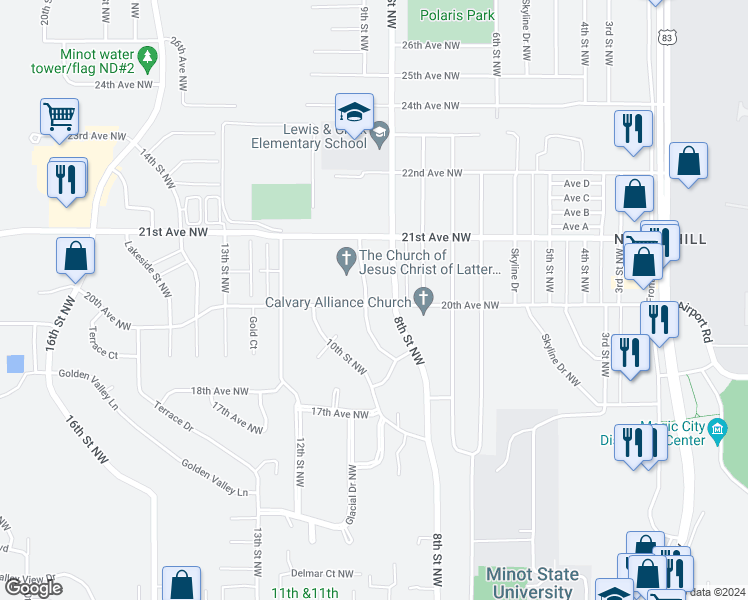 map of restaurants, bars, coffee shops, grocery stores, and more near 2000 9th Street Northwest in Minot