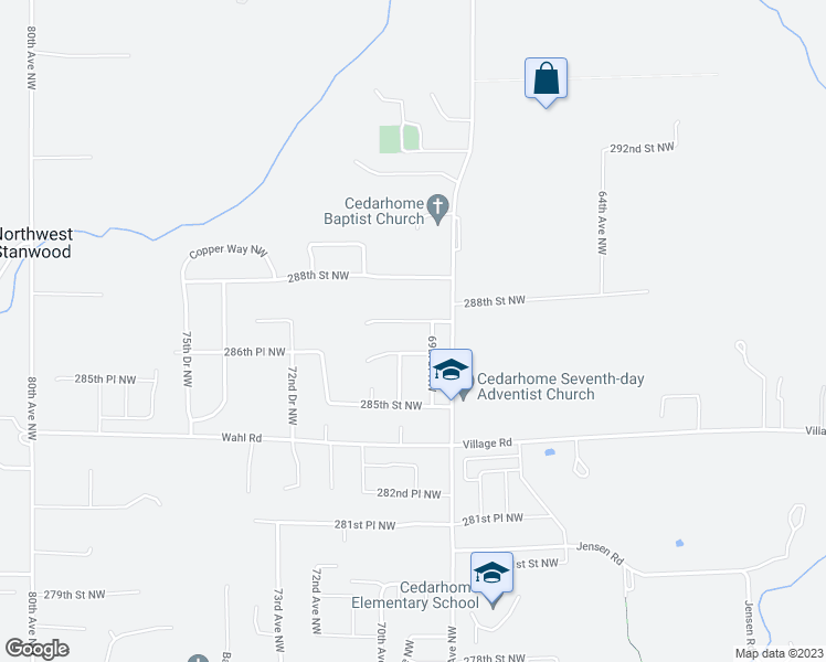 map of restaurants, bars, coffee shops, grocery stores, and more near 6910 287th Place Northwest in Stanwood