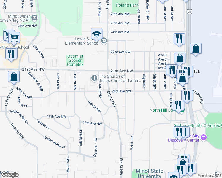 map of restaurants, bars, coffee shops, grocery stores, and more near 2000 8th Street Northwest in Minot