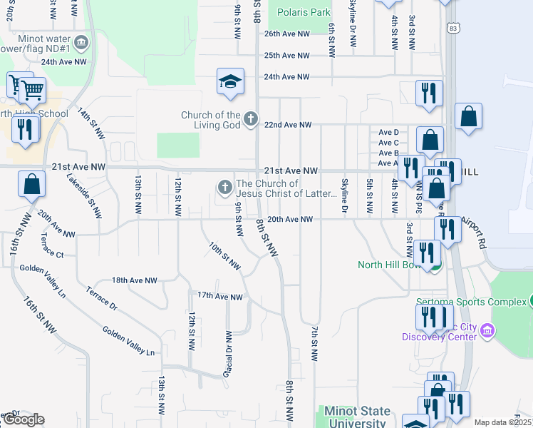 map of restaurants, bars, coffee shops, grocery stores, and more near 2000 8th Street Northwest in Minot