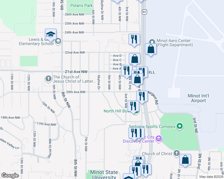 map of restaurants, bars, coffee shops, grocery stores, and more near 2005 5th Street Northwest in Minot