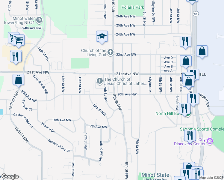 map of restaurants, bars, coffee shops, grocery stores, and more near 2000 8th Street Northwest in Minot