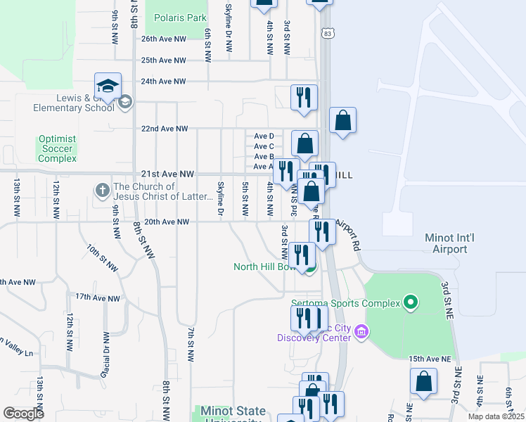 map of restaurants, bars, coffee shops, grocery stores, and more near 410 20th Avenue Northwest in Minot