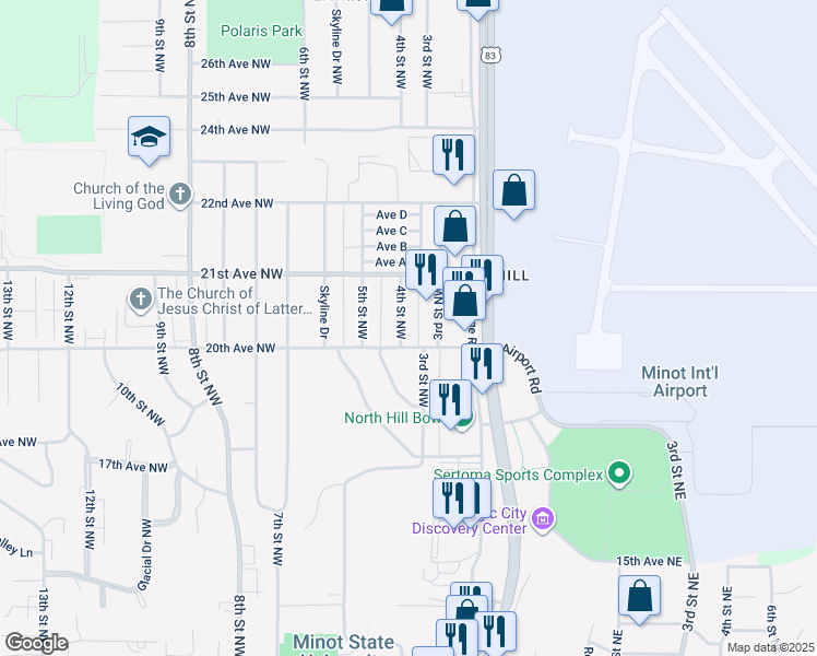 map of restaurants, bars, coffee shops, grocery stores, and more near 410 20th Avenue Northwest in Minot