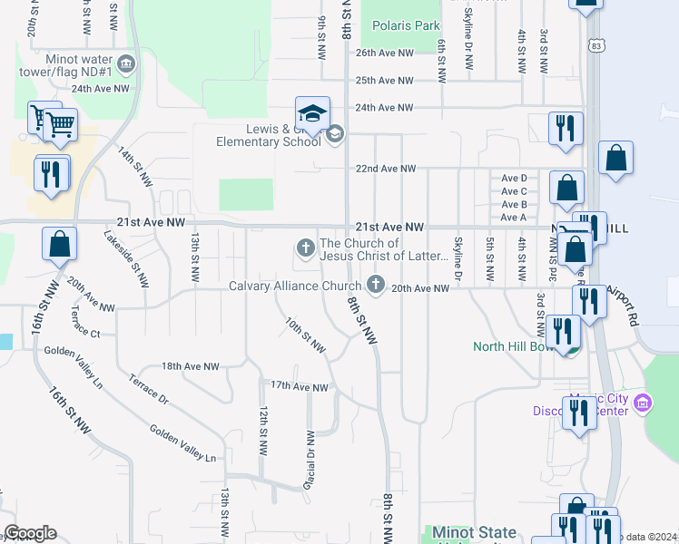 map of restaurants, bars, coffee shops, grocery stores, and more near 2000 9th Street Northwest in Minot