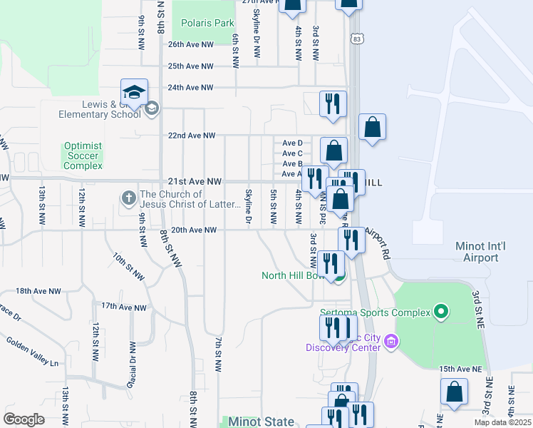 map of restaurants, bars, coffee shops, grocery stores, and more near 2005 5th Street Northwest in Minot